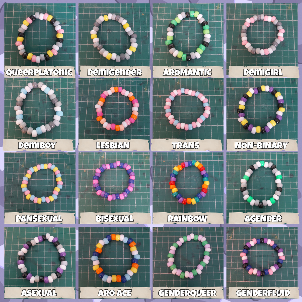 A  grid showing 12 different beaded bracelets, each labelled with a sexual orientation or identity name such as Queerplatonic, Demigender, Aromantic, Demigirl, Demiboy, Lesbian, Trans, Non-binary, Pansexual, Bisexual, Rainbow, Agender, Asexual, Aro Ace, Genderqueer, and Genderfluid. The bracelets are arranged on a green cutting mat background.