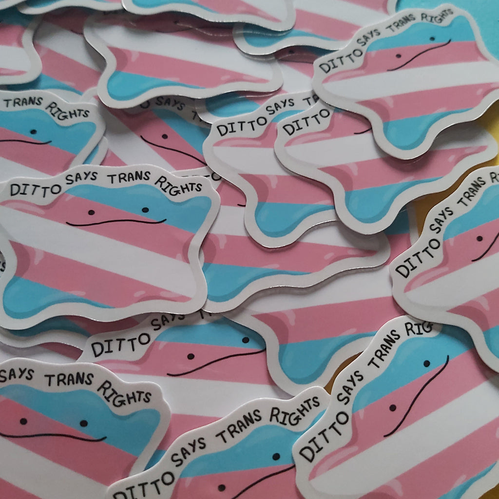 A pile of die-cut stickers with pink and light blue horizontal stripes and the text 'DITTO SAYS TRANS RIGHTS' in black lettering, photographed on a bright blue and yellow background.
