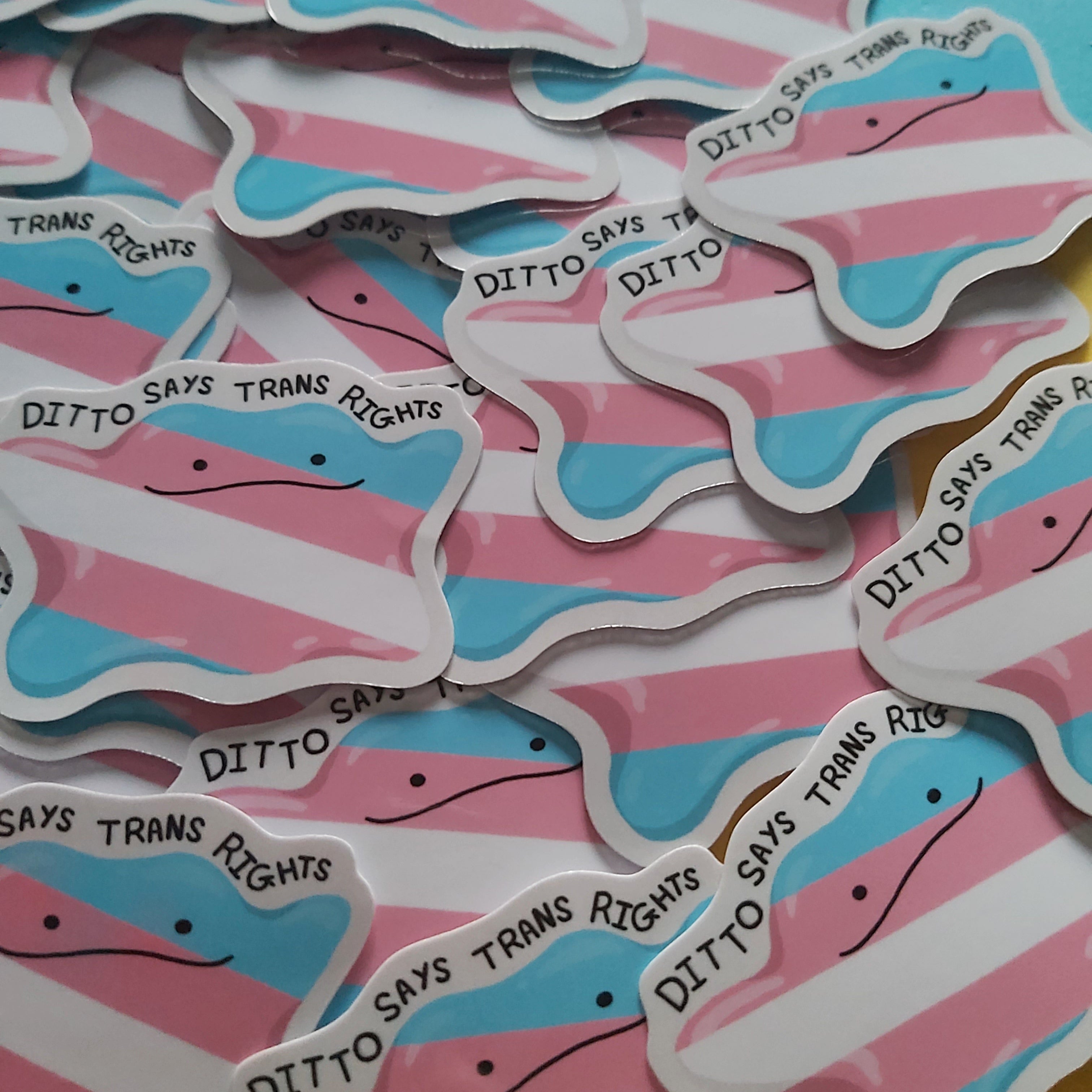 A pile of die-cut stickers with pink and light blue horizontal stripes and the text 'DITTO SAYS TRANS RIGHTS' in black lettering, photographed on a bright blue and yellow background.
