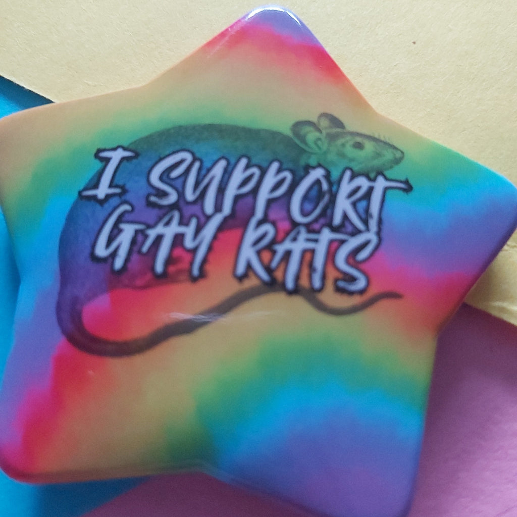 A star-shaped pin or badge featuring a rainbow tie-dye pattern and the text 'I SUPPORT GAY RATS' with a small rat illustration, photographed on a colourful background.