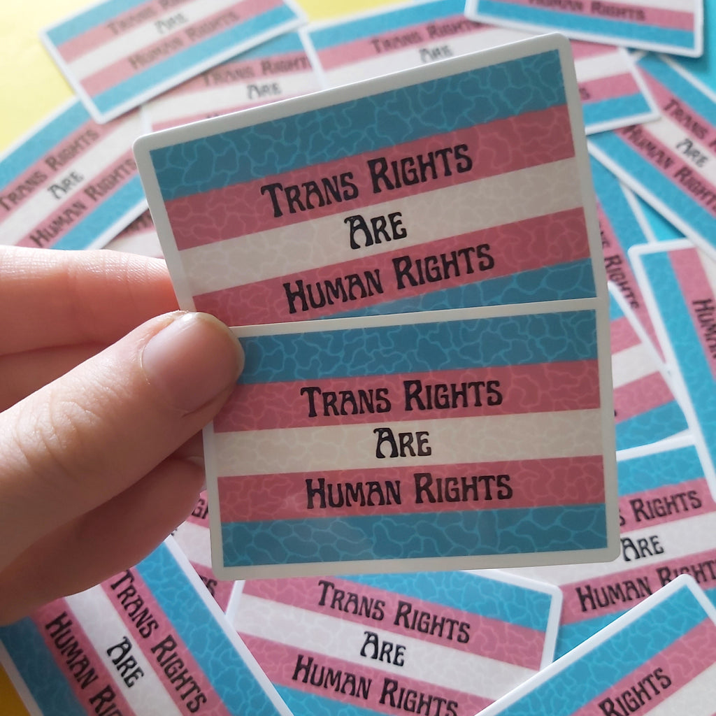 A hand holds two rectangular stickers with the text 'TRANS RIGHTS ARE HUMAN RIGHTS' in black lettering over horizontal pink, white, and blue stripes. Multiple identical stickers are scattered in the background on a bright pastel surface.