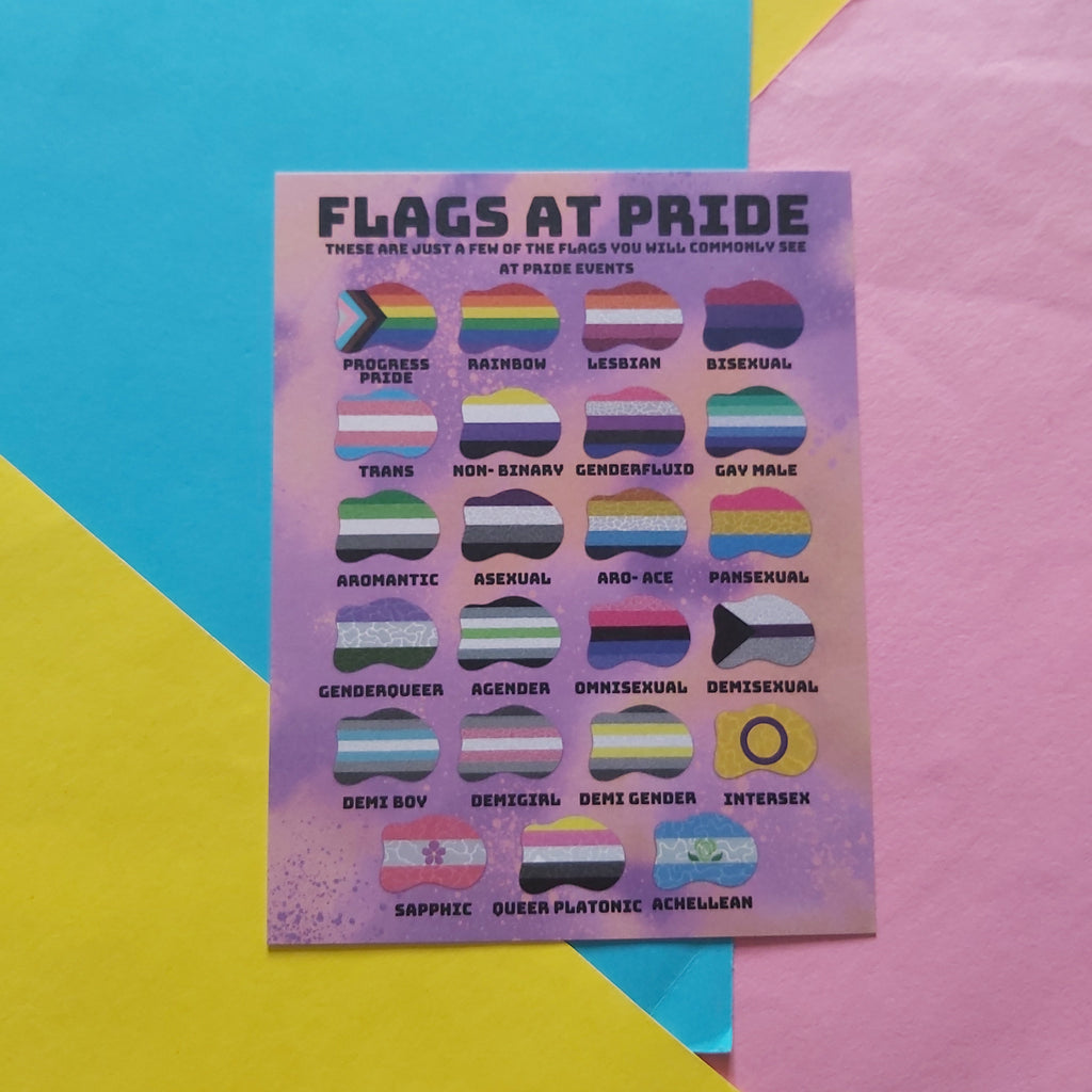 A rectangular print titled "FLAGS AT PRIDE" showing multiple small rainbow and pride flag illustrations with labels underneath, placed on a colourful background of blue, yellow, and pink paper.