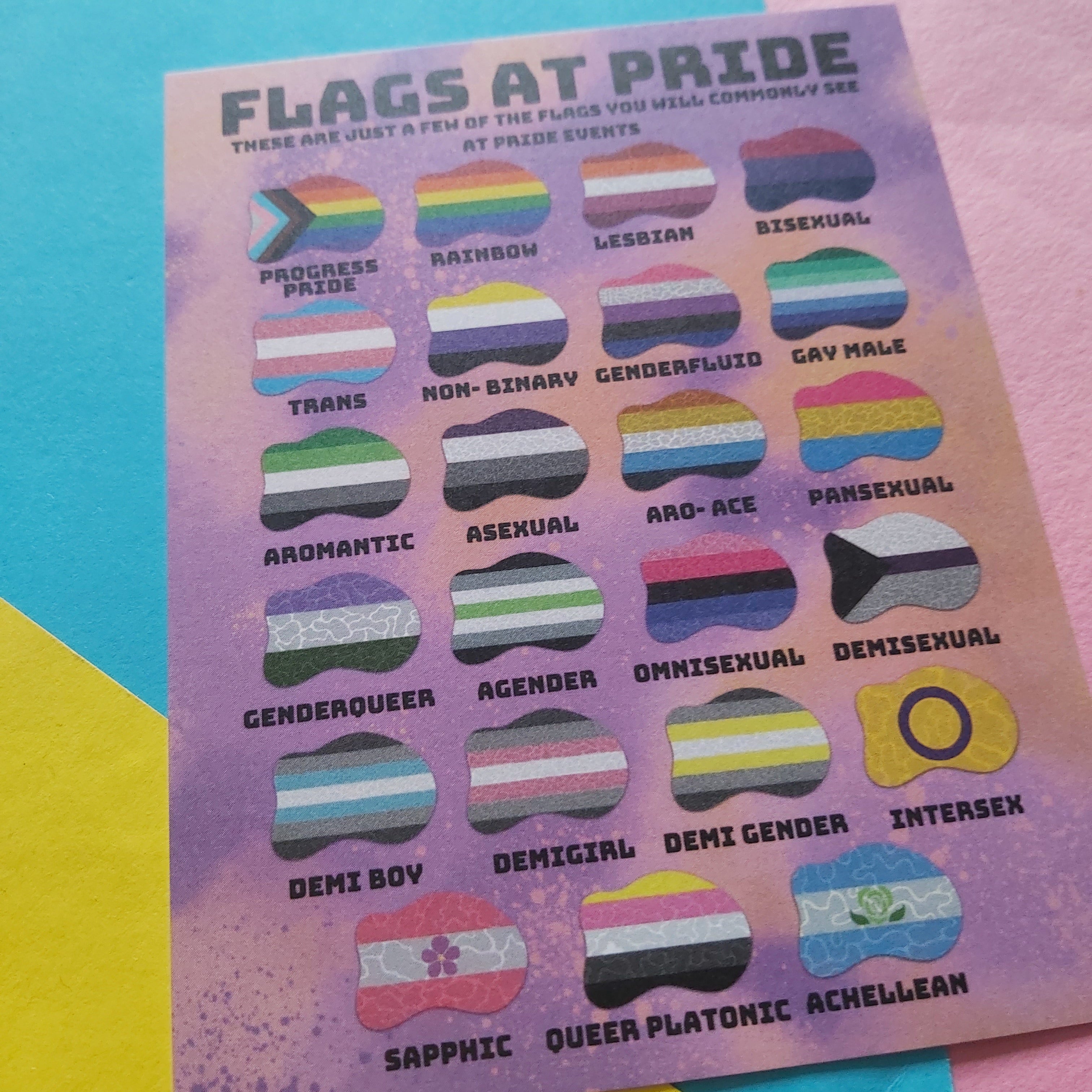 A printed card titled "FLAGS AT PRIDE" showing many small lesbian and transgender pride flag icons with labels, placed on colorful pastel paper background.