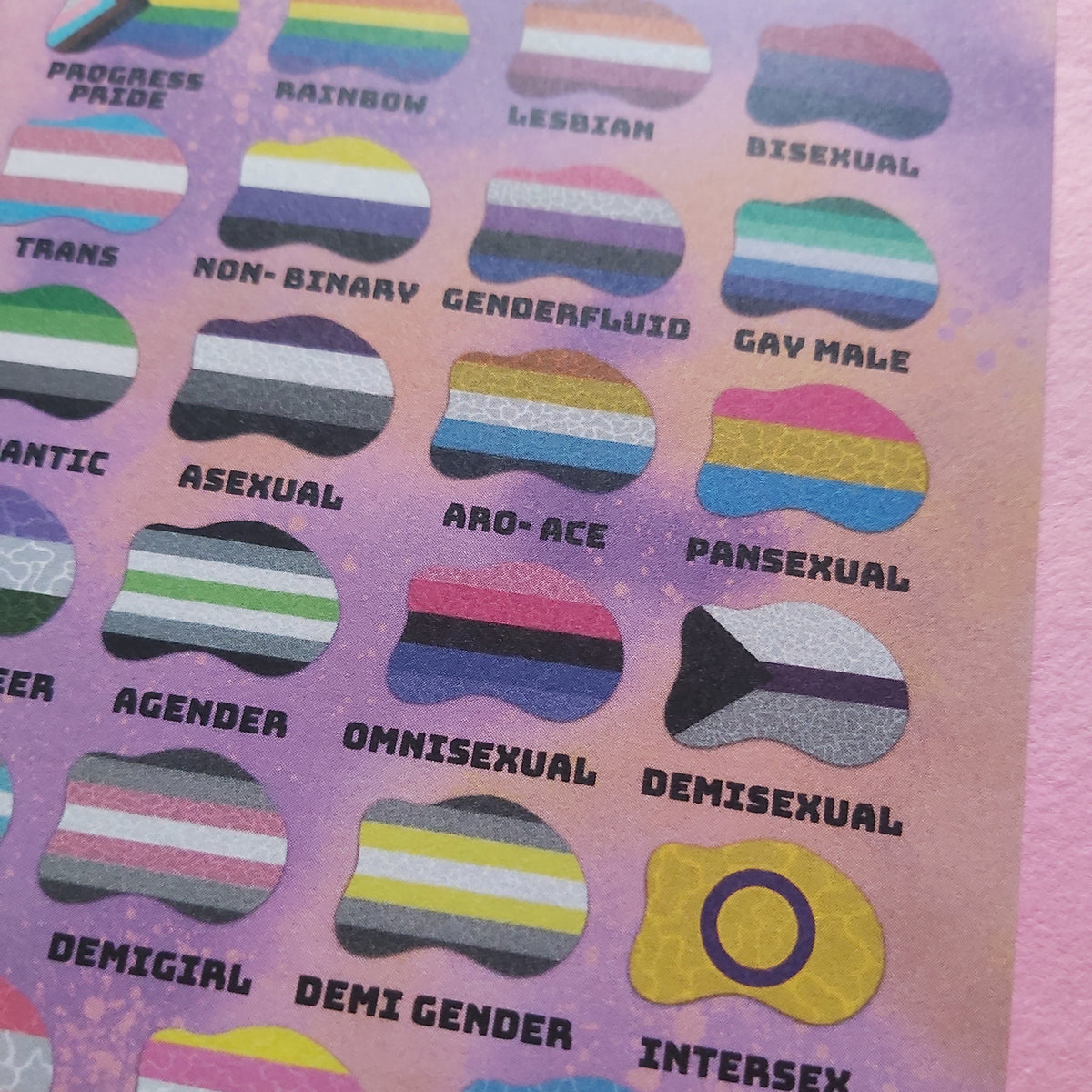 A close-up of a print showing multiple small oval graphics with different pride flags and labels such as Progress Pride, Lesbian, Bisexual, Trans, Non-Binary, Genderfluid, Gay Male, Asexual, Aro-Ace, Pansexual, Agender, Omnisexual, Demisexual, Demigirl, Demi Gender, Intersex, Queer Platonic, and Achellean.