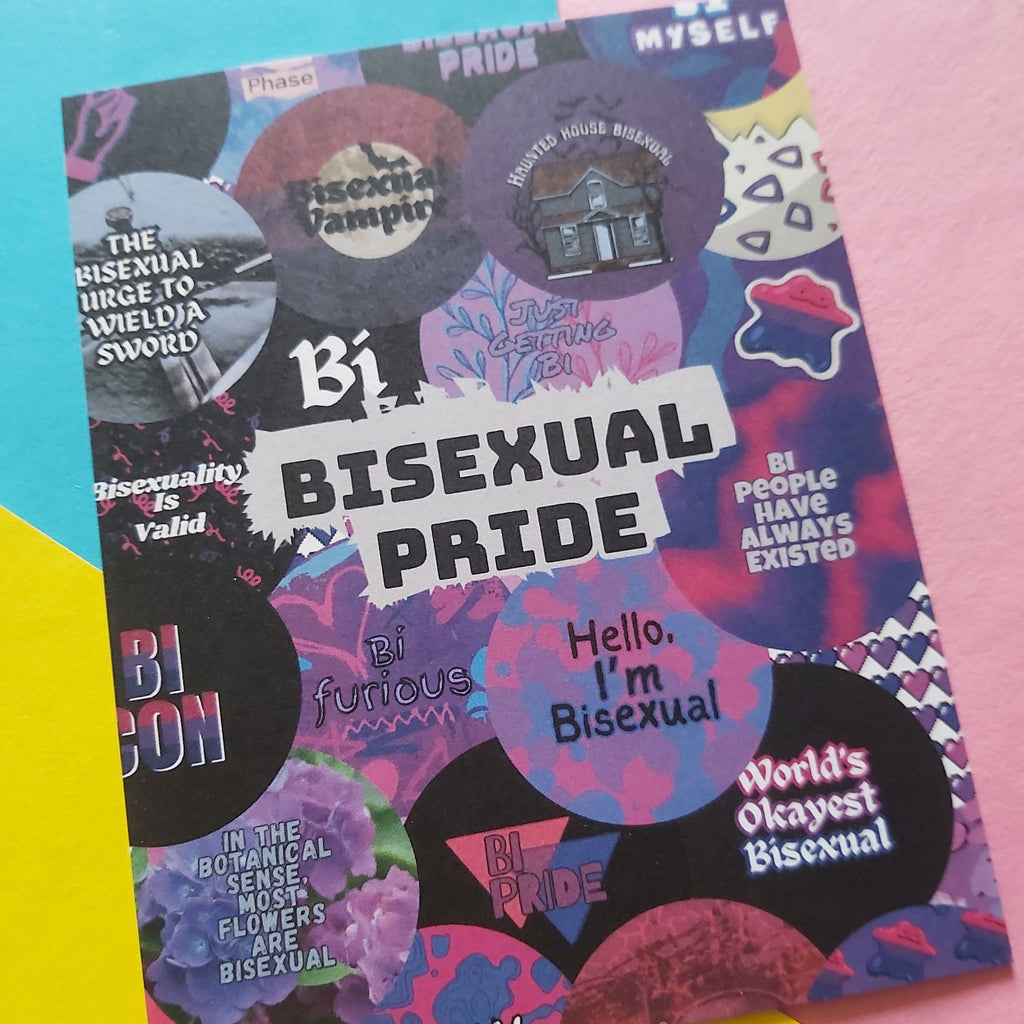 A print with a colourful bisexual pride collage design, placed on a pastel multicolour background with pink, blue, and yellow sections. The card features text such as 'Bisexual Pride,' 'Hello, I'm Bisexual,' and various pride-themed graphics and stickers.