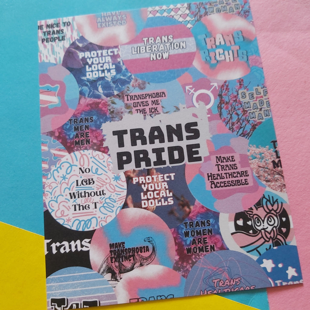 A print with a colourful collage design and the large text 'TRANS PRIDE' in the center, photographed on a bright pastel background with pink, blue, and yellow sections.