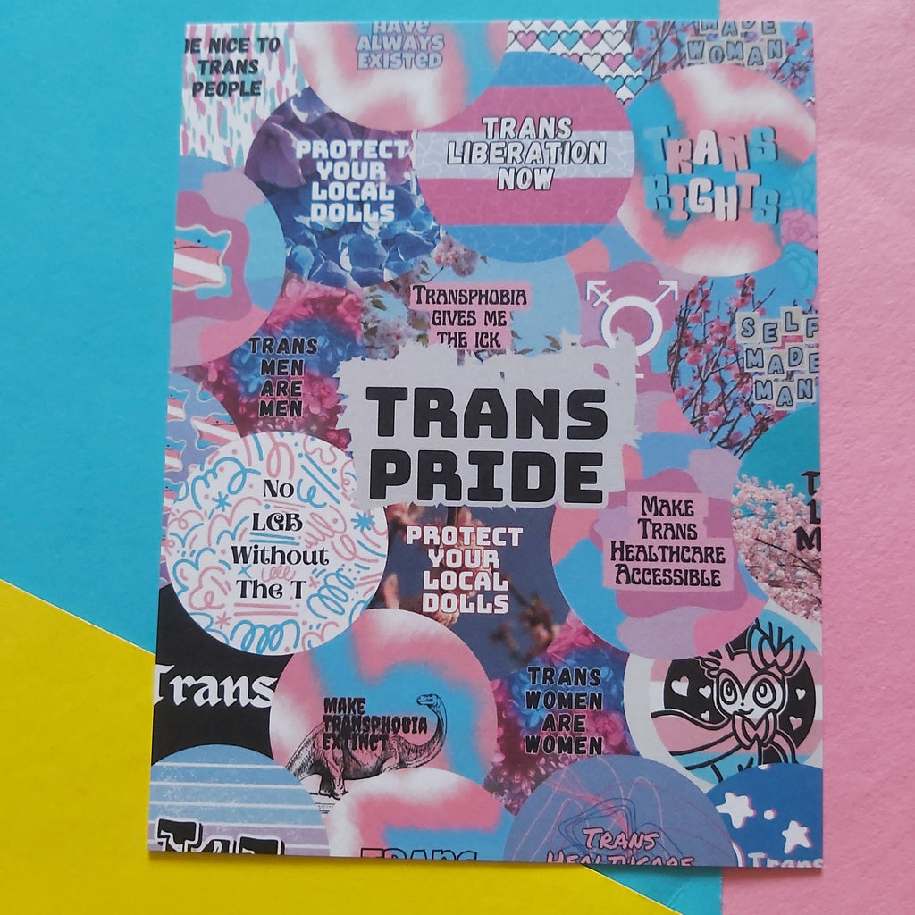 A print with a collage of pink, blue, and white graphics and text, including the words 'TRANS PRIDE' and 'PROTECT YOUR LOCAL DOLLS,' placed on a brightly colored background split into cyan, pink, and yellow sections.