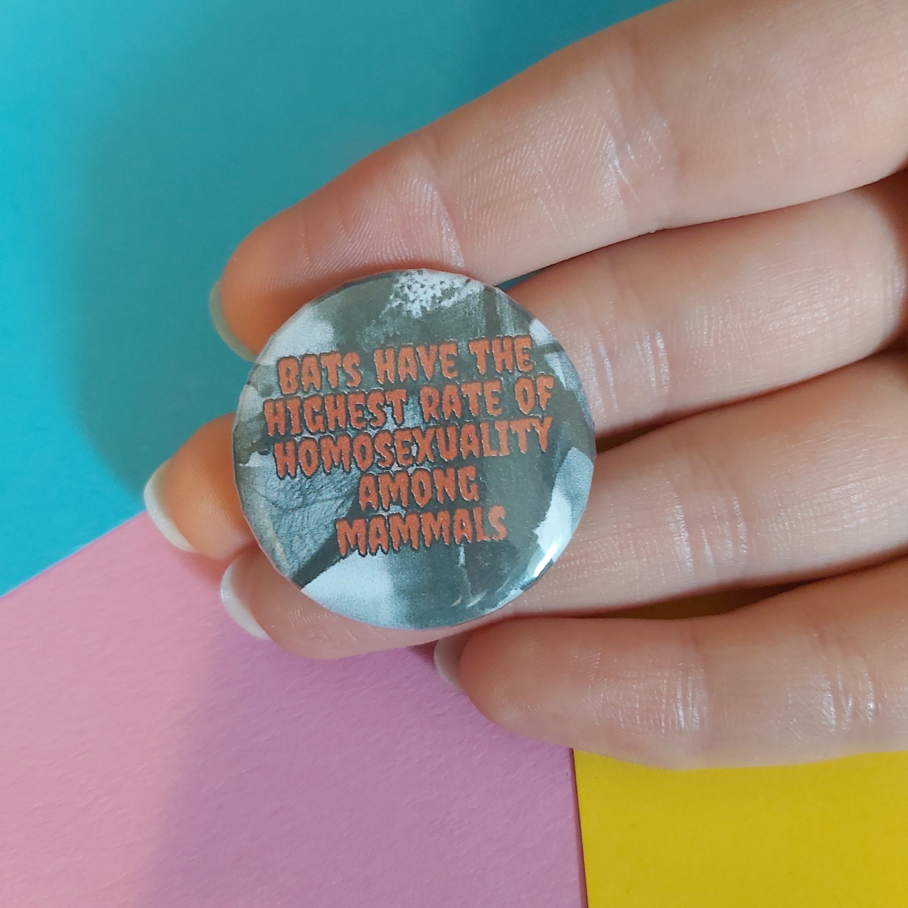 A hand holding a round pinback button with a humorous statement about cats and homosexuality. The button features a grayscale bat photo background with orange text reading 'BATS HAVE THE HIGHEST RATE OF HOMOSEXUALITY AMONG MAMMALS'.