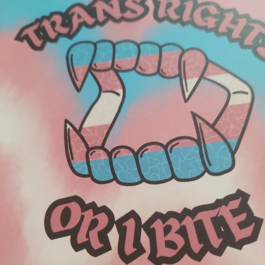 A close-up of a graphic print featuring a stylized open mouth with teeth in the pink, white, and blue stripes of the transgender flag, with the text 'TRANS RIGHT OR I BITE' in pink and black lettering.