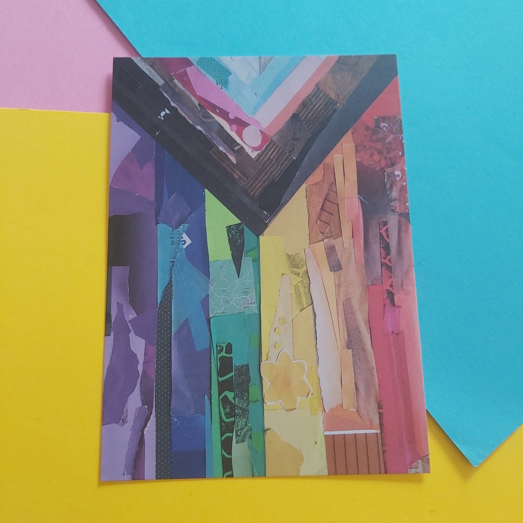 A vertical art print featuring a colourful collage with vertical stripes and geometric shapes, styled on a background of yellow, pink, and blue paper.