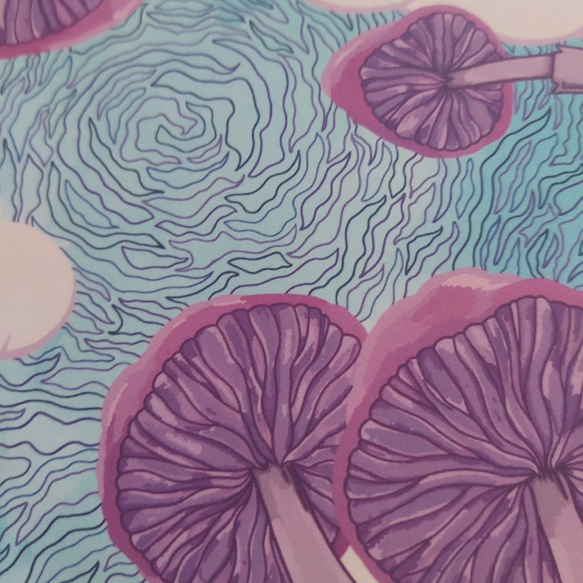 An artistic illustration featuring purple mushrooms with pinkish-red borders on a light blue background with wavy line patterns and cream-colored abstract shapes.