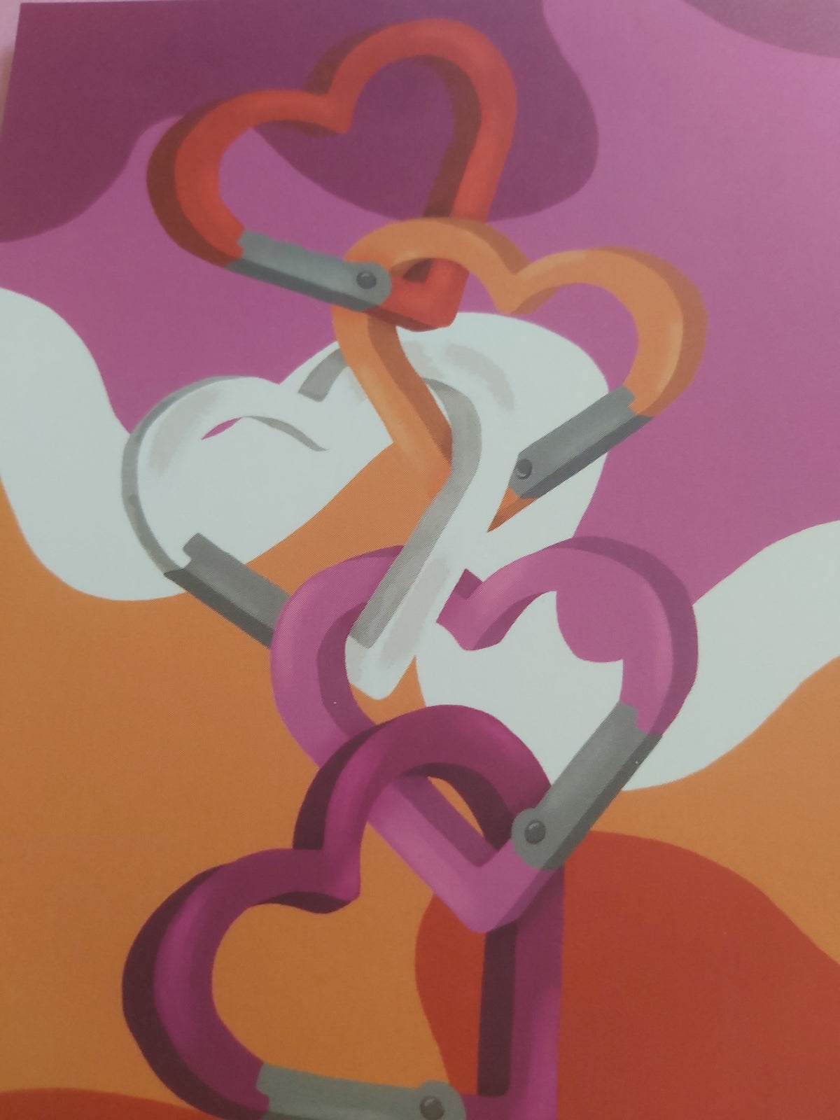 A stylised graphic artwork featuring interlocking heart-shaped carabiners in orange, white, and pink over a warm orange and magenta abstract background.