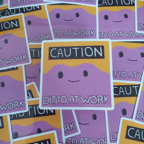 A pile of square stickers featuring a purple cartoon face with black eyes and a smile, set against a yellow background with the words 'CAUTION DITTO AT WORK' in white and black text.