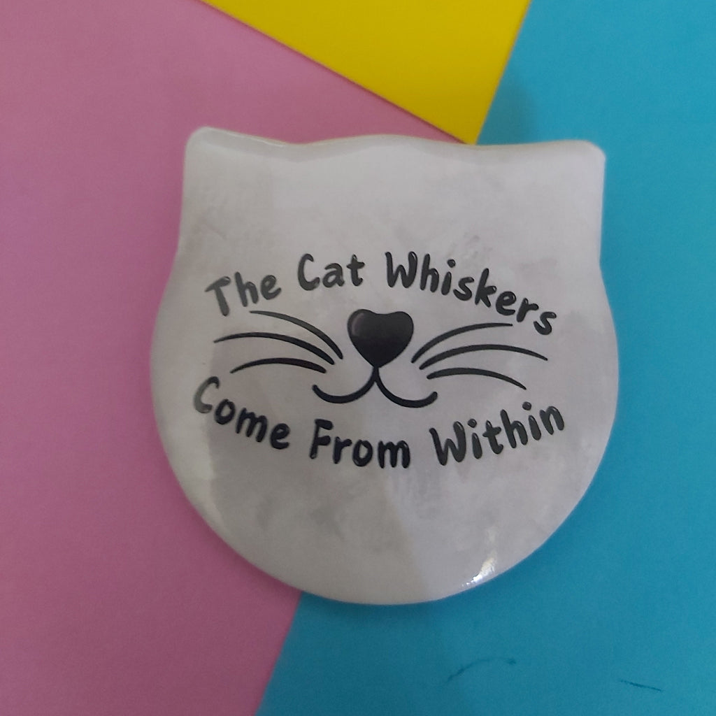A white cat-shaped badge with black printed text reading 'The Cat Whiskers Come From Within' and a simple whisker-and-nose graphic, placed on a colourful background of pink, yellow, and blue paper.