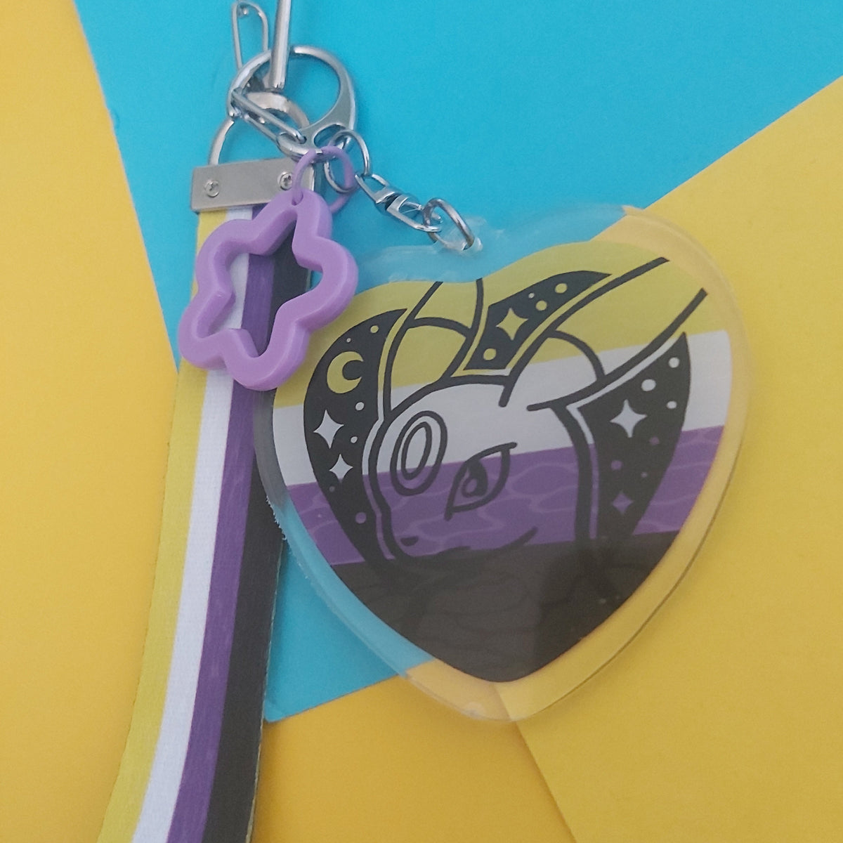 A heart-shaped acrylic keychain featuring a stylised Pokémon illustration in a purple, black, white, and yellow design, attached to a silver clasp with a purple star charm and a striped ribbon.