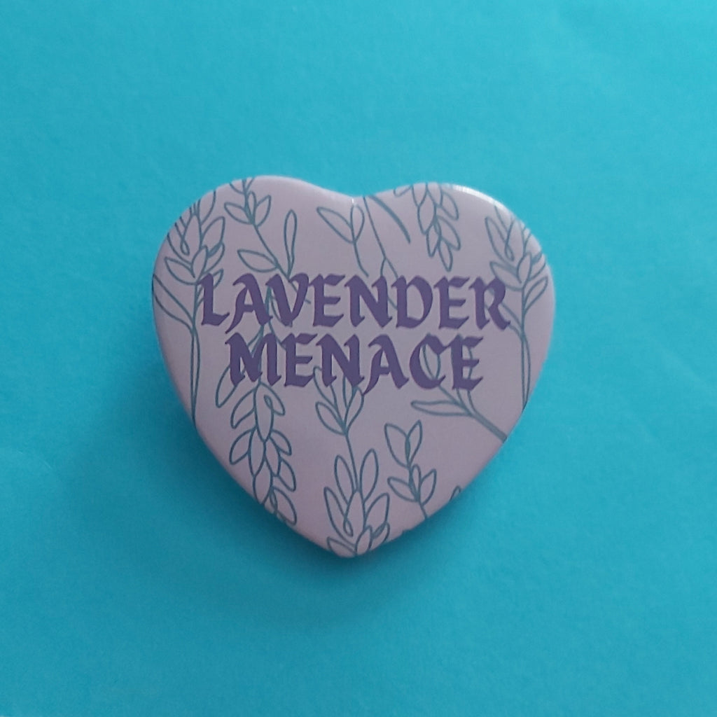 Lavender Menace Floral Purple 58mm Heart Button Badge: Lesbian Pride Pin