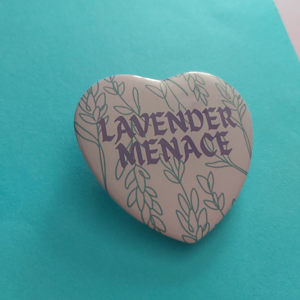 Lavender Menace Floral Purple 58mm Heart Button Badge: Lesbian Pride Pin