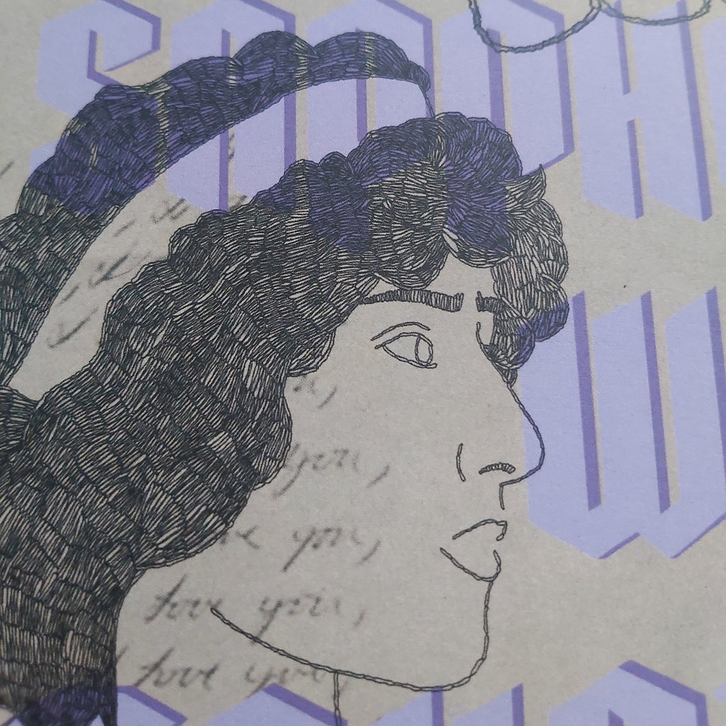 A close-up of a vintage-style illustrated print featuring a profile portrait of a woman with dark hair, handwritten script and lavender geometric lettering on a beige background.
