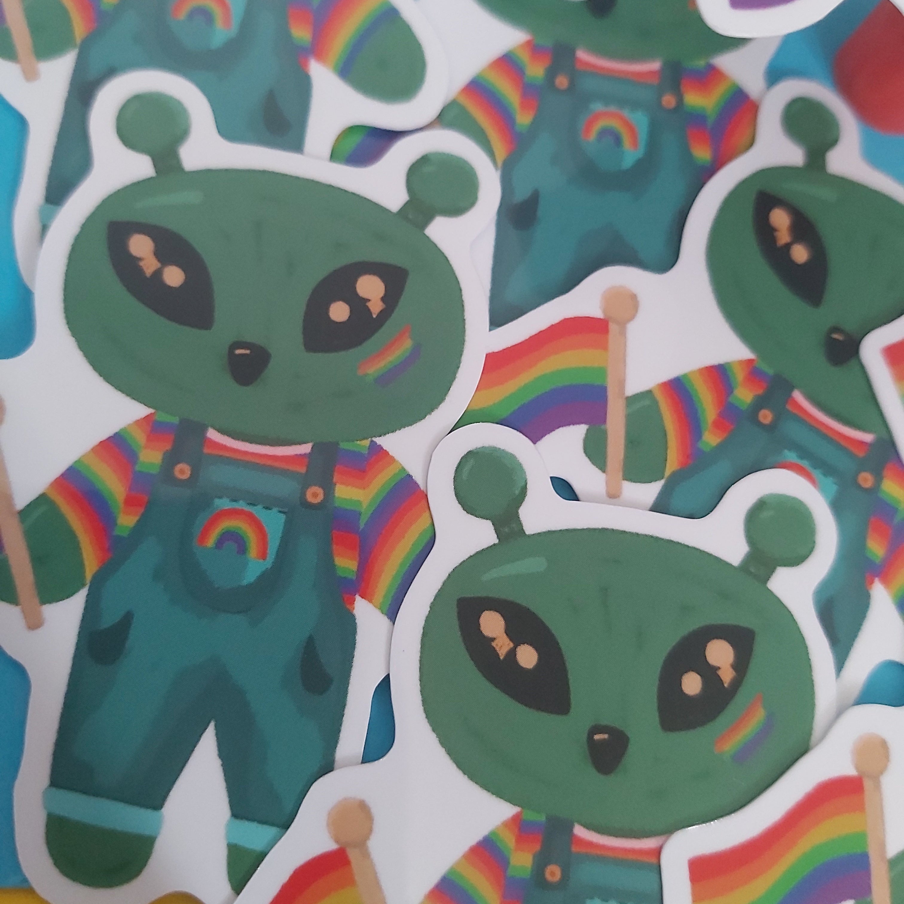 Gay Pride Green Alien Plushie IKEA UFO Harajuku Kei Style 2.5 Inch Vinyl Sticker