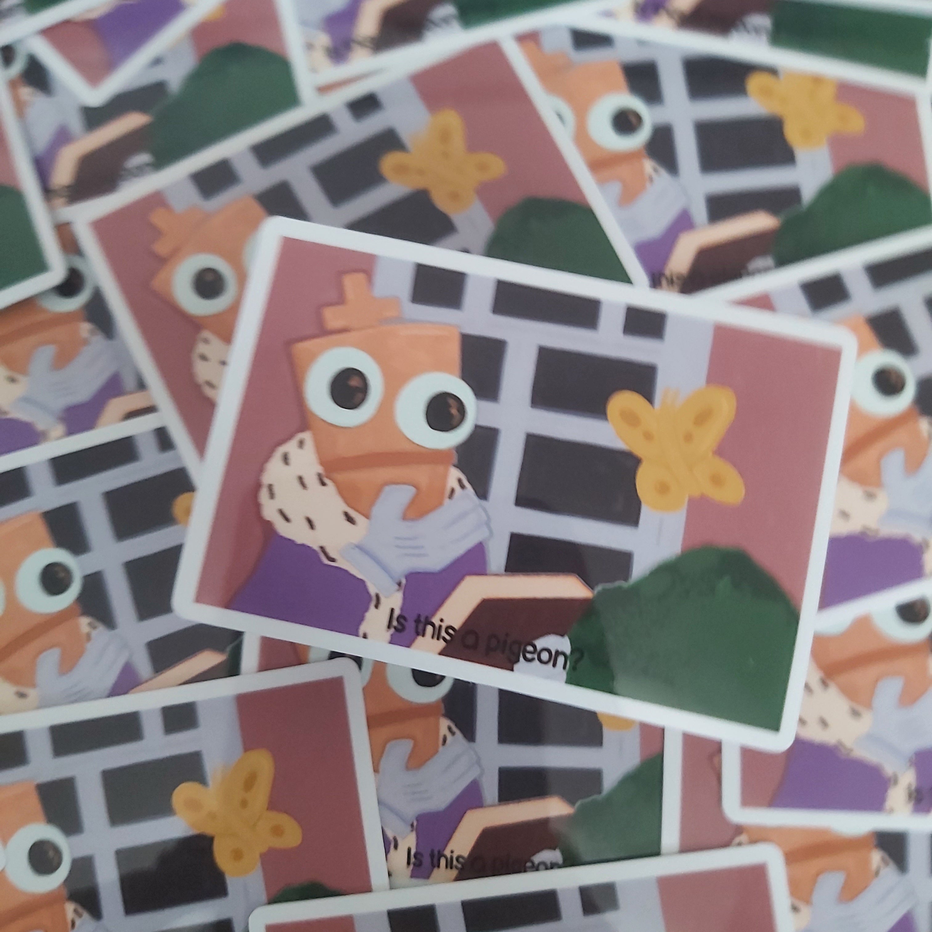 A pile of small illustrated stickers featuring a cartoon character with large eyes, a purple outfit, and a yellow butterfly on a pink and green background.