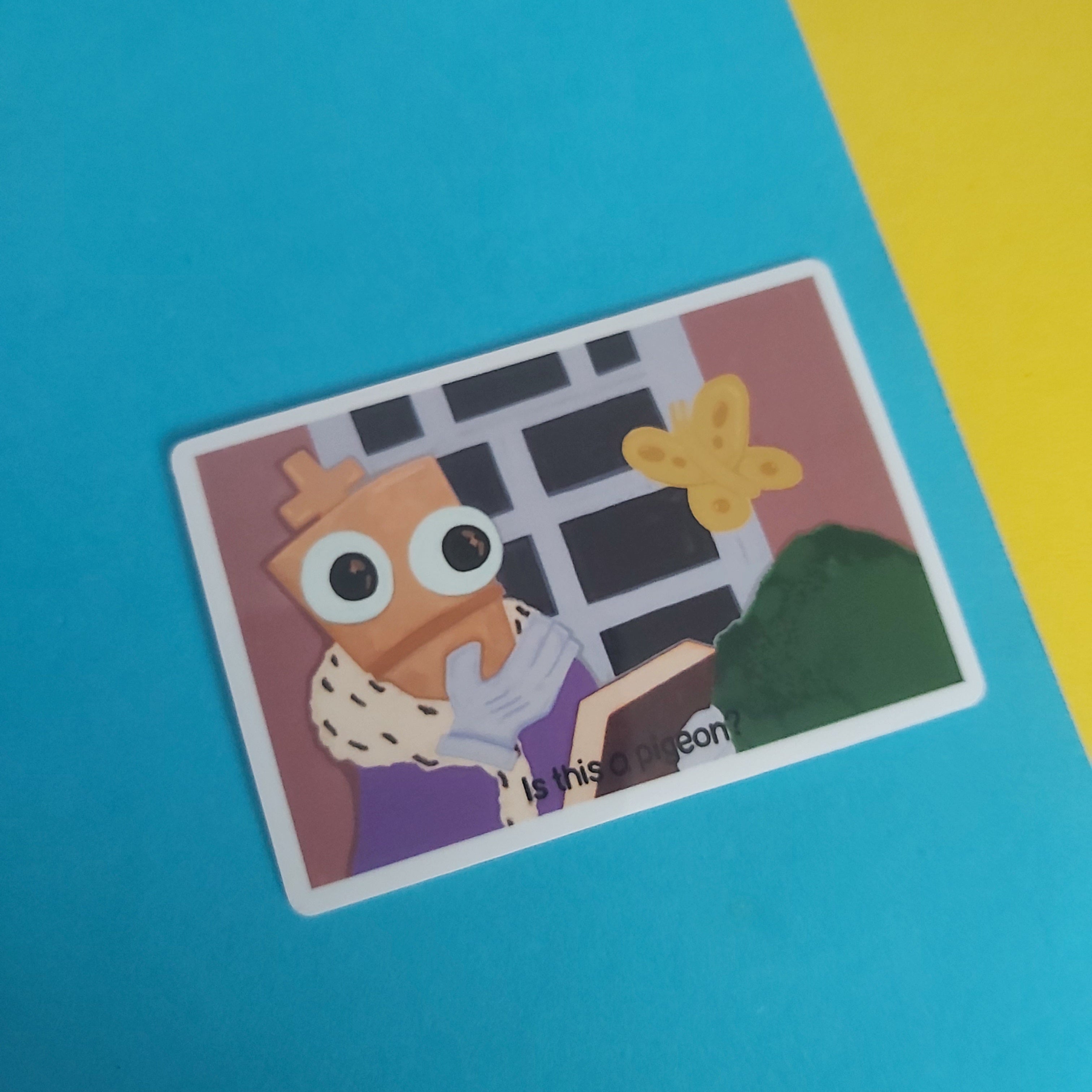 A small illustrated sticker featuring a cartoon character with large eyes, a purple outfit, and a yellow butterfly, placed on a bright blue background with a yellow section in the upper right.