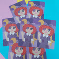 Six illustrated cards featuring a cartoon girl with red curly hair, a purple bow, and a purple dress, arranged in a fan shape on a colorful pastel background.