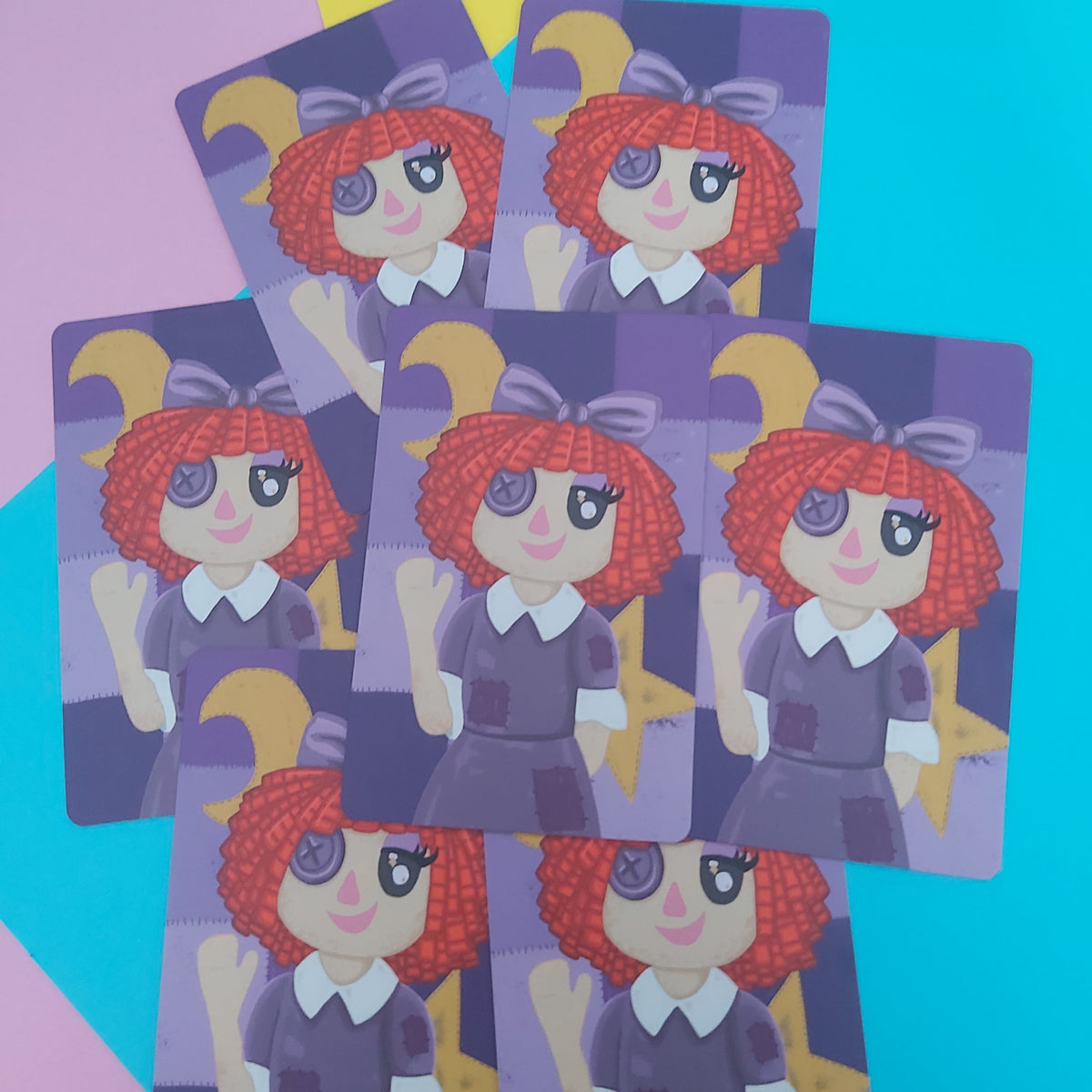 Six illustrated cards featuring a cartoon girl with red curly hair, a purple bow, and a purple outfit, arranged on a colorful pastel geometric background.