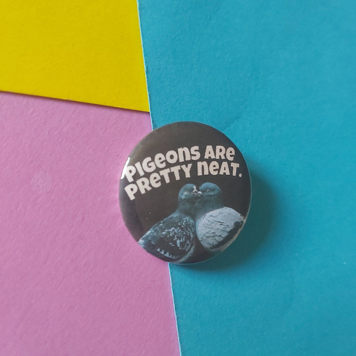 A round pinback button badge featuring a black background with white text reading 'Pigeons are pretty neat.' and grey pigeons, placed on a colourful background of teal, pink, and yellow paper.