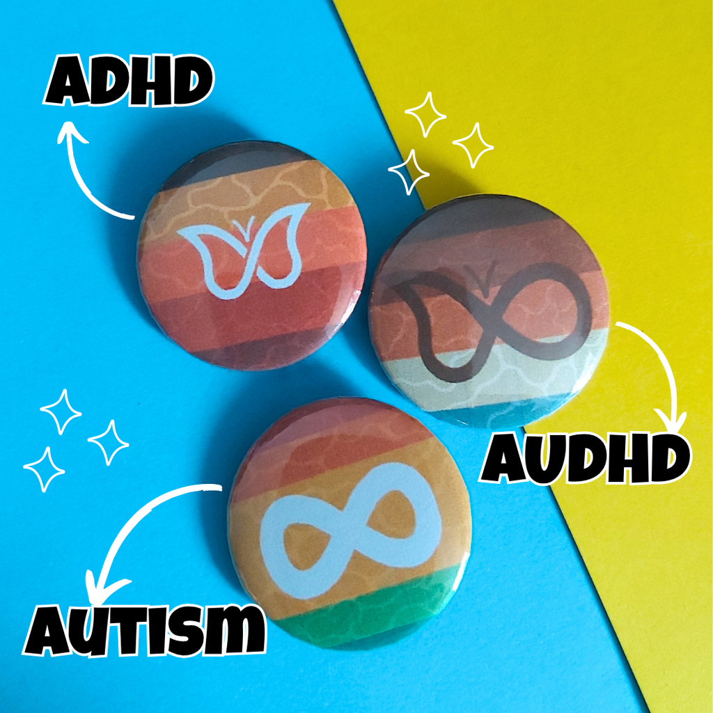 Three round pinback buttons with autism pride symbols on a split blue and yellow background, with text labels pointing to ADHD, AUDHD, and Autism.