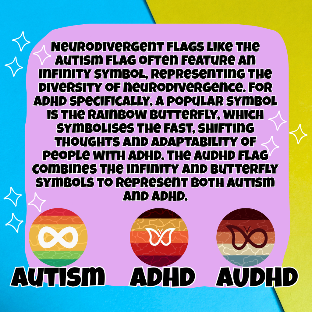 An educational graphic explaining neurodiversity flags, featuring text about Autism, ADHD, and AUDHD flags with corresponding infinity, butterfly, and coiled-spring symbols on a rainbow background.