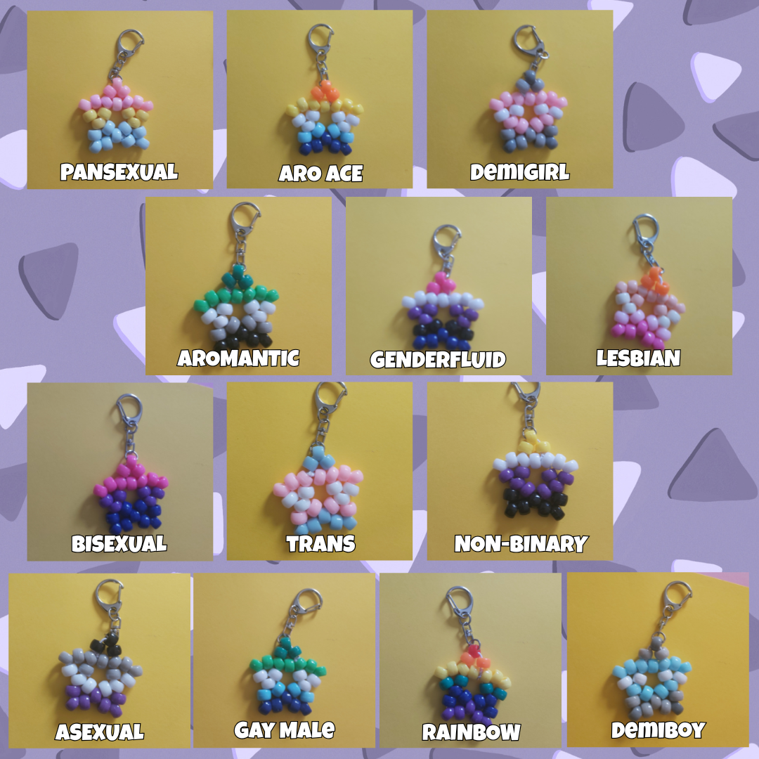 A collage of 13 small beaded keychains, each labeled with a sexual orientation or identity word such as Pansexual, Aro Ace, Demigirl, Lesbian, Bisexual, Trans, Non-Binary, Asexual, Gay Male, Rainbow, and Demiboy. The keychains are made of small multicolored beads and attached to silver metal rings, shown on pale yellow backgrounds with a lavender patterned border.