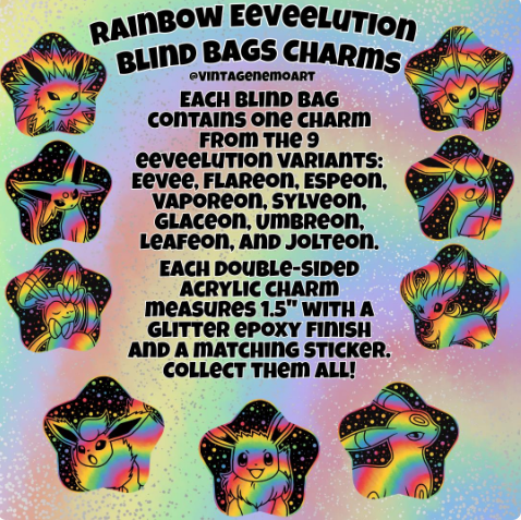 Promotional graphic for Rainbow Eevevolution Blind Bags Charms by @vintagenemoart, showing multiple star-shaped acrylic charms with colorful eevevolution designs on a pastel rainbow background with text detailing the blind bag contents and 1.5-inch size.