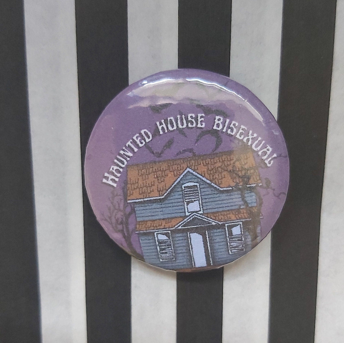 A round pinback button badge with a purple background featuring the words 'HAUNTED HOUSE BISEXUAL' in white arched text above an illustration of a haunted house. The badge is photographed against a black-and-white vertically striped background.