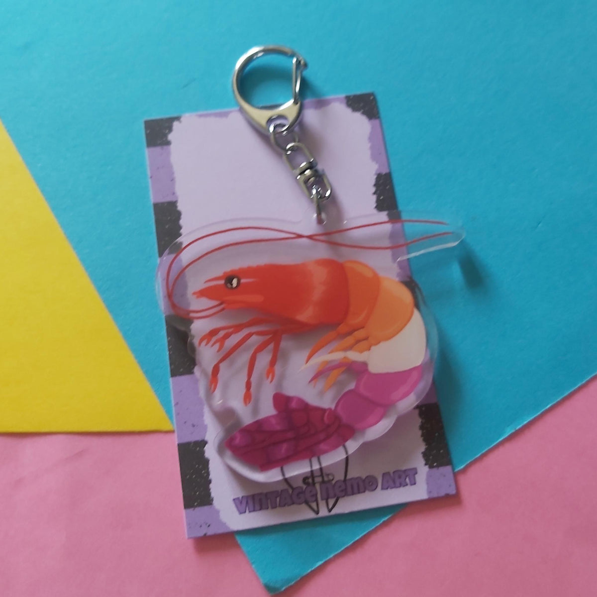 Lesbian Pride Shrimp Keychain Acrylic Charm with Lobster Clasp, LGBTQIA+ Queer Sea Creature