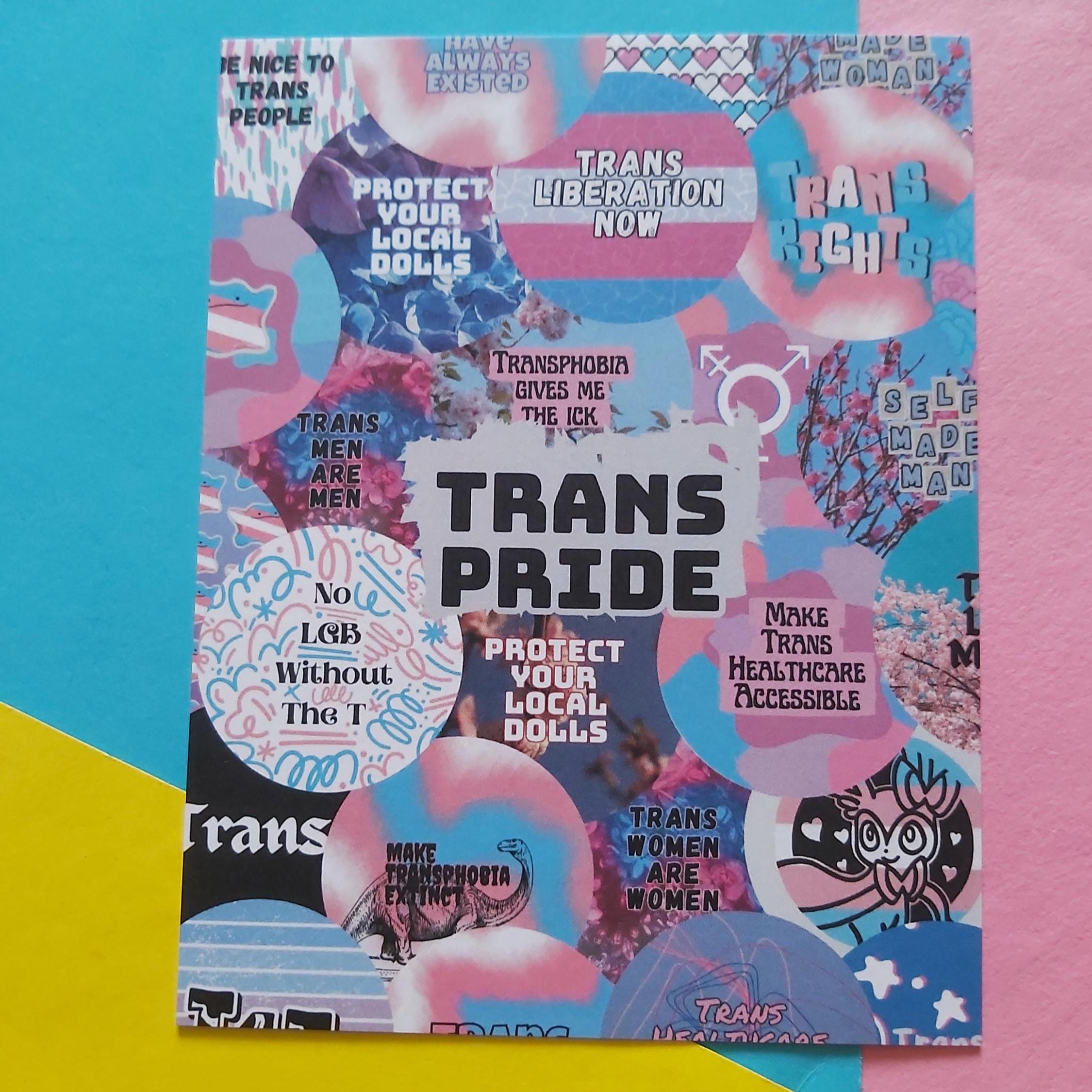 An art print featuring a colourful collage with the words 'TRANS PRIDE' in large black letters, surrounded by pink, blue, purple, and black text and graphics related to transgender rights. The print is photographed on a split pastel background with cyan on the left and pink on the right.