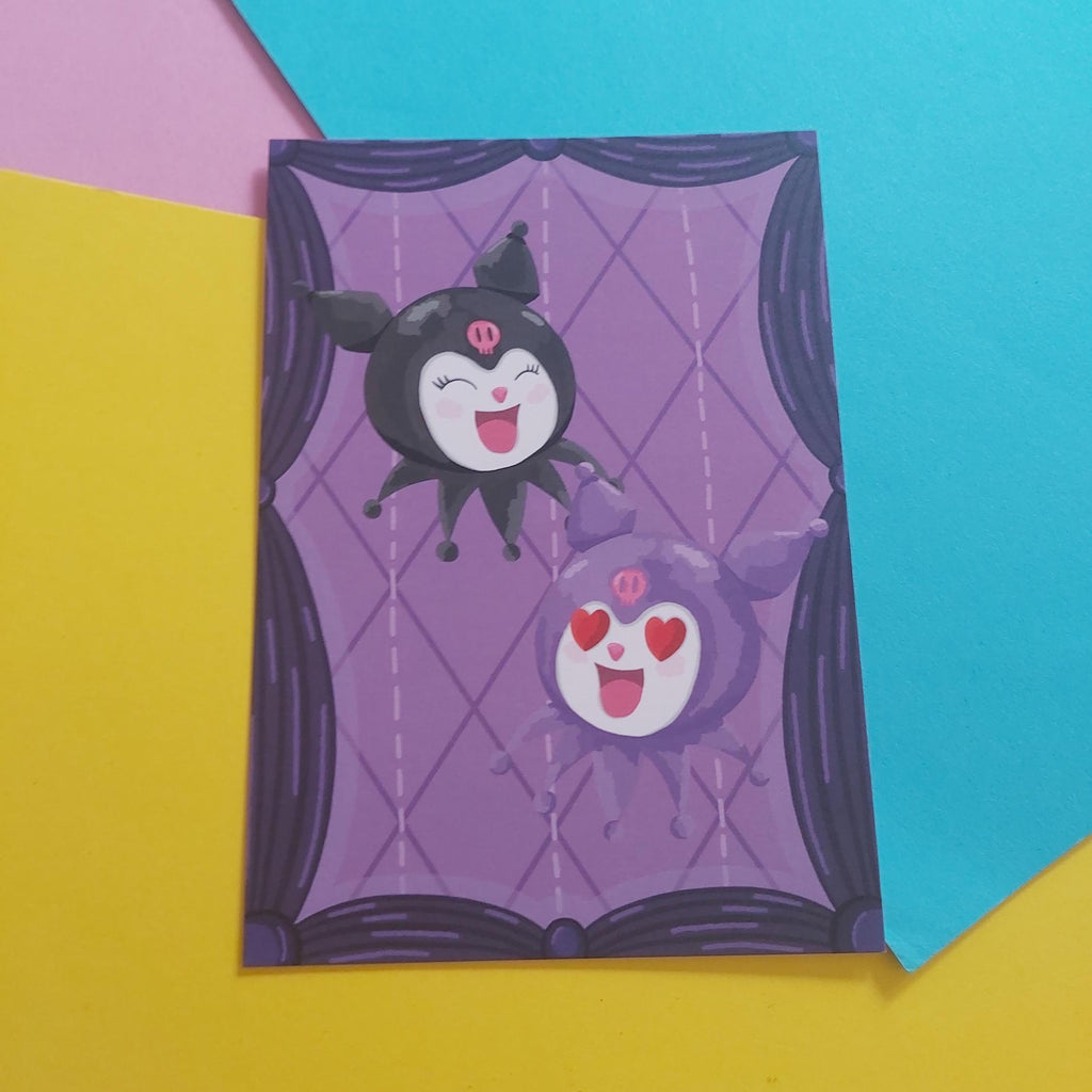 A rectangular art print featuring two cute cartoon characters on a purple argyle background