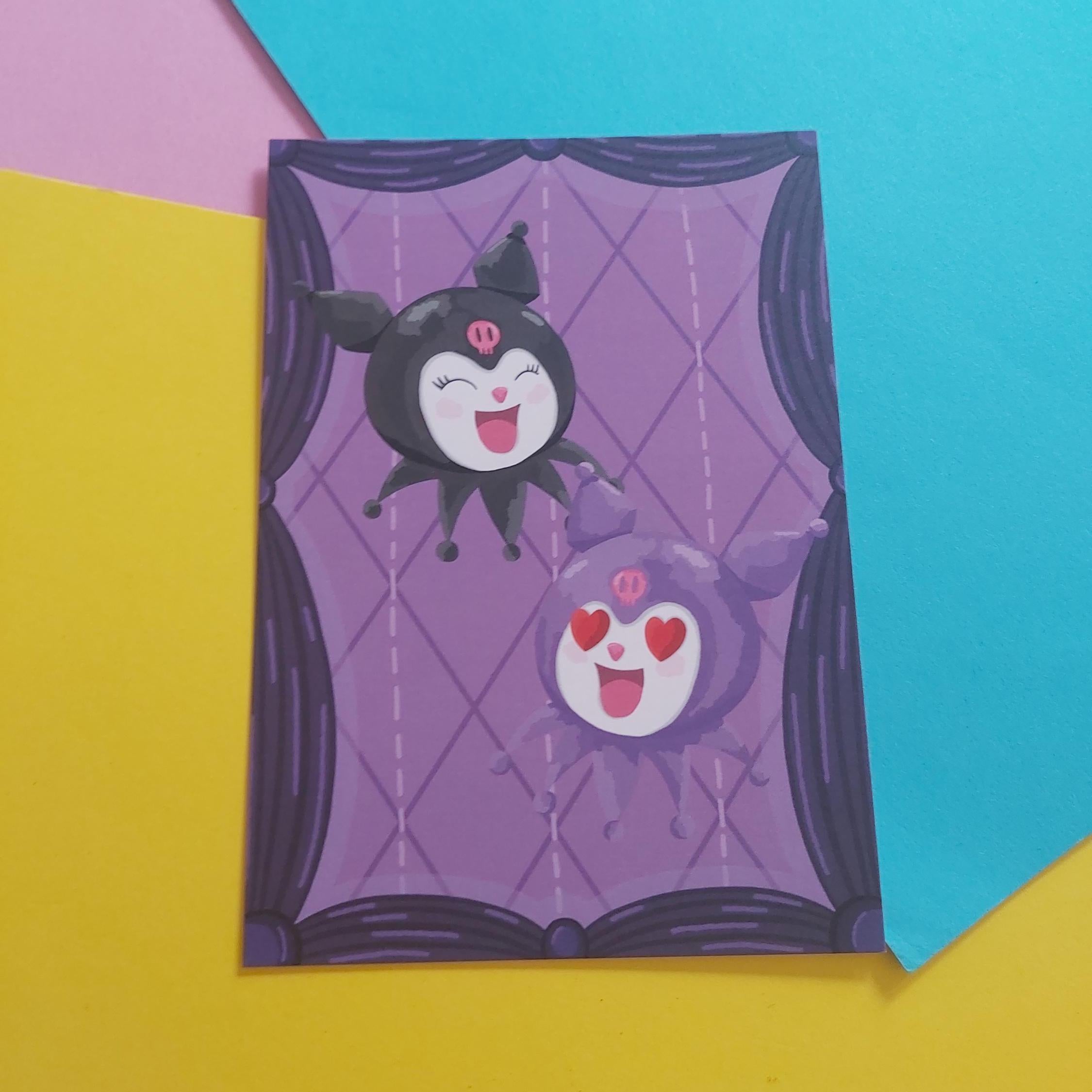 A rectangular art print featuring two cute cartoon characters on a purple argyle background