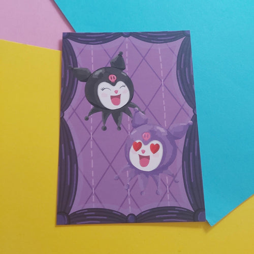 A rectangular art print featuring two cute cartoon characters on a purple argyle background