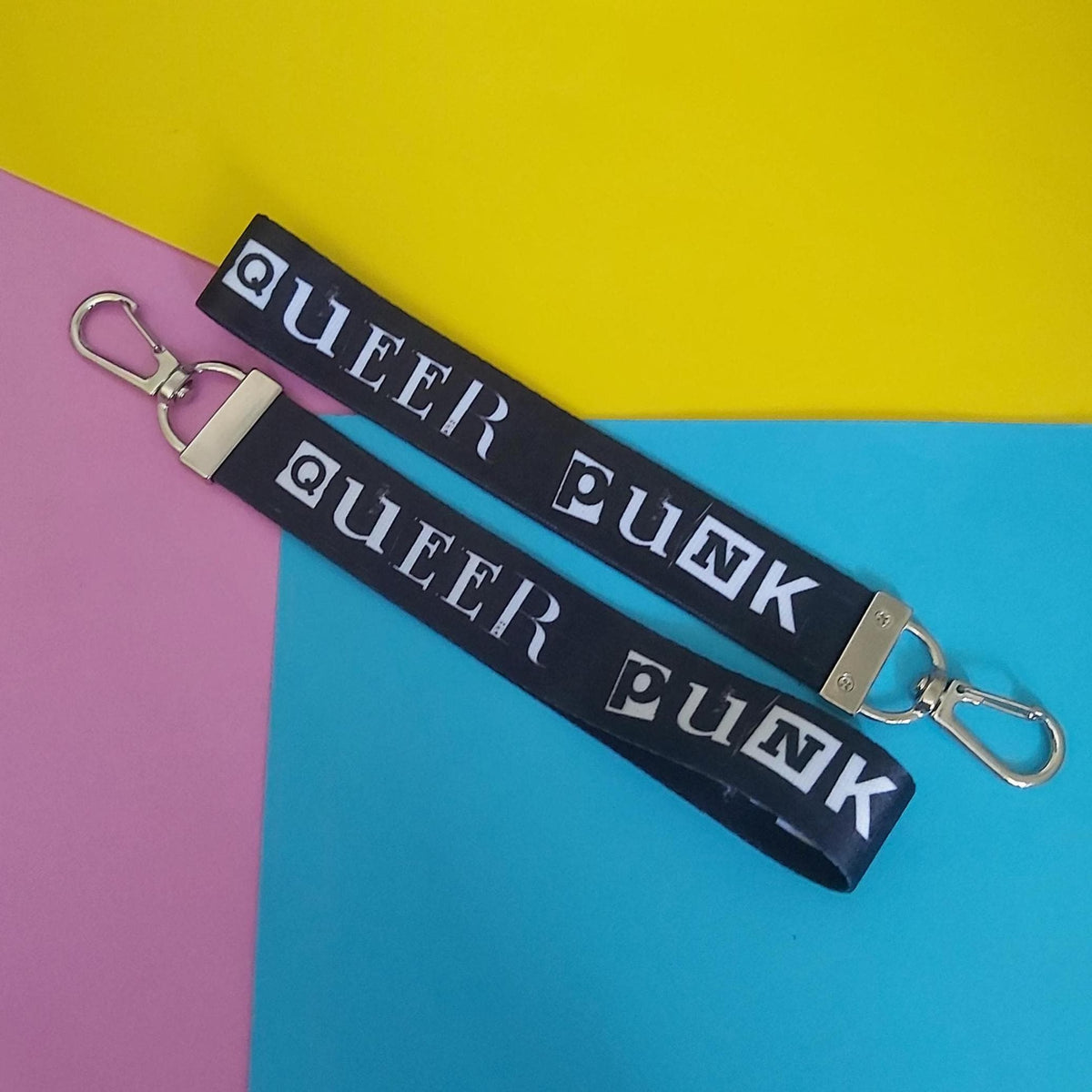 Queer Punk Keychain Lanyard: Black and White LGBTQIA Silver Clasp Wristlet