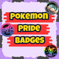 A graphic cover for 'Pokemon Pride Badges' featuring three circular badges with colorful, stylized Pokémon characters on a light purple background with red brushstroke accents.