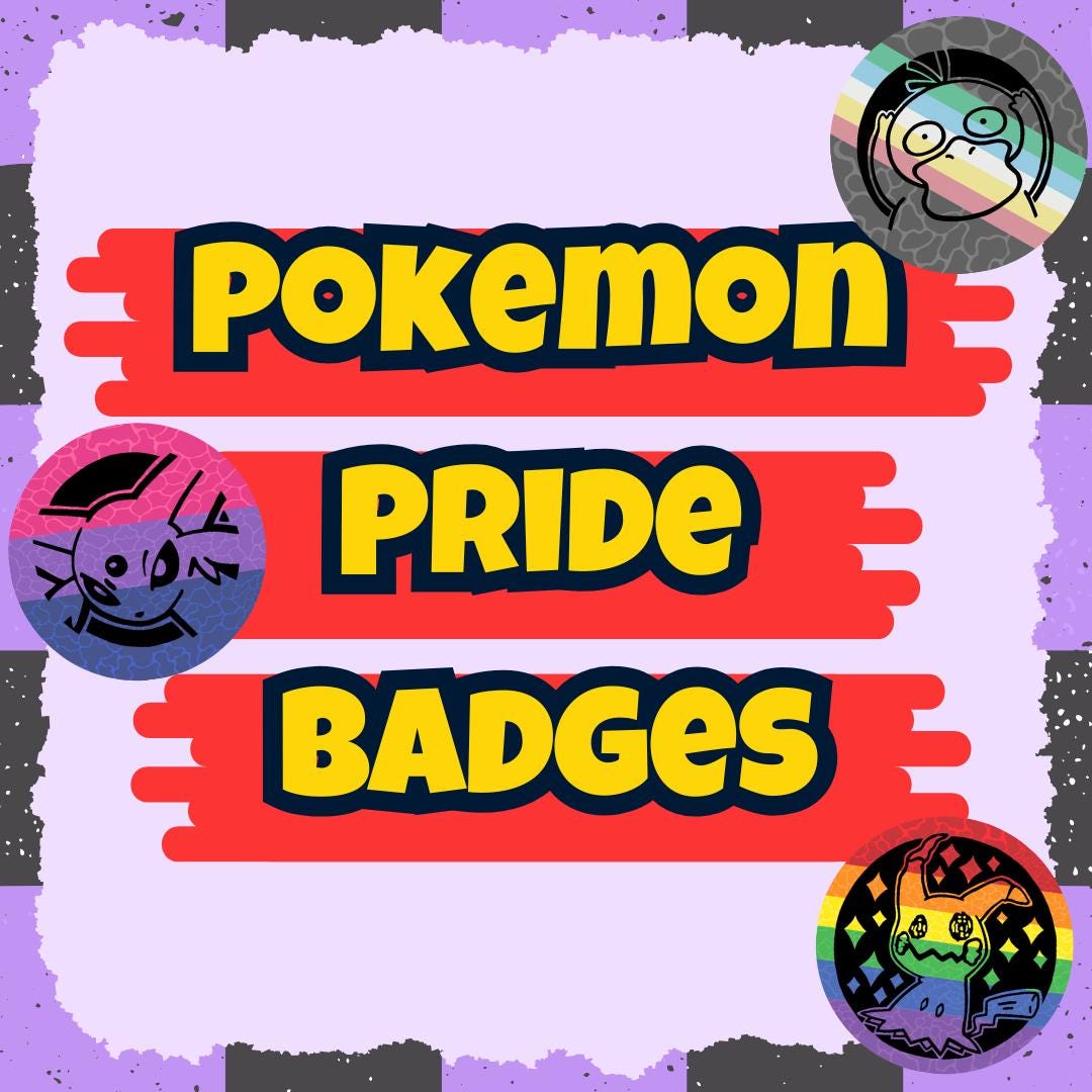 A graphic cover for 'Pokemon Pride Badges' featuring three circular badges with colorful, stylized Pokémon characters on a light purple background with red brushstroke accents.