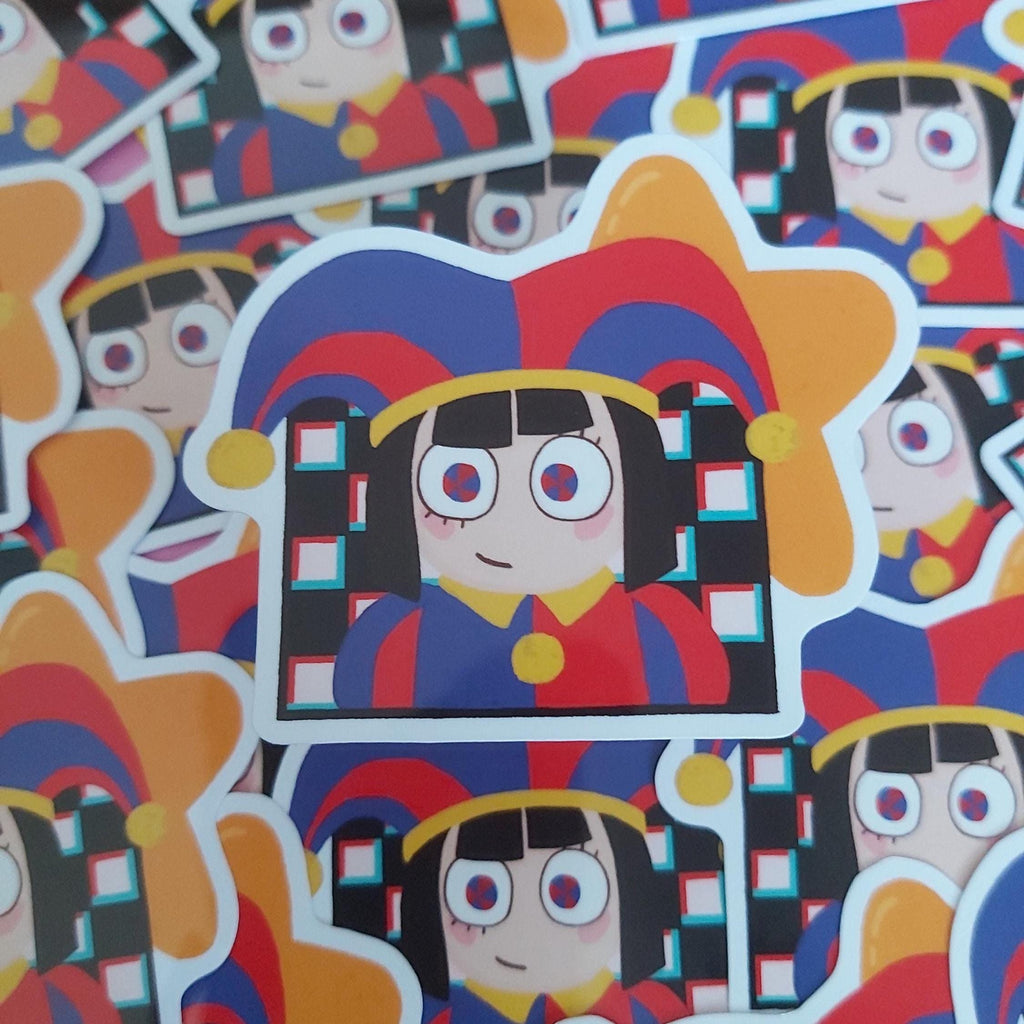 A close-up of multiple cartoon stickers featuring a stylised character with large eyes, black hair, and a red-and-blue jester-like hat, arranged overlapping on a white background.