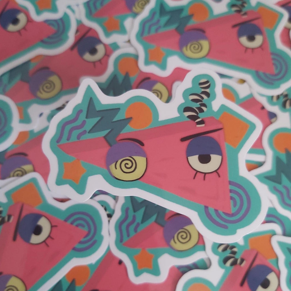 A pile of colourful cartoon stickers featuring a pink triangular character with spiral eyes, purple eyelashes, and teal and yellow accents.