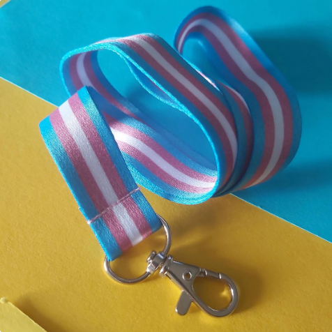 A cotton lanyard with blue, pink, and white stripes, attached to a silver metal lobster clasp, photographed on a split yellow and blue background.
